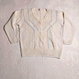 MELINDA WOMEN'S VINTAGE WHITE V-NECK 3/4 SLEEVE SWEATER SIZE M *SEE MEASUREMENTS
